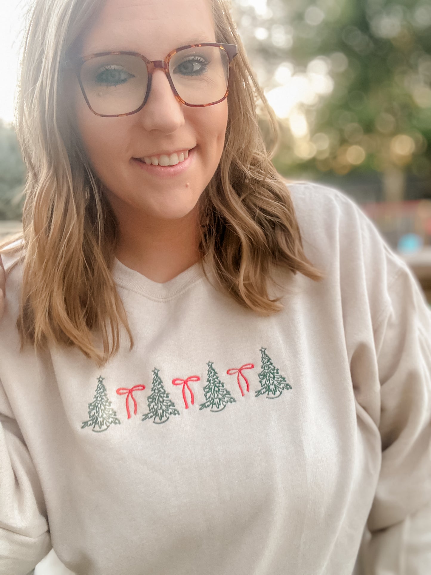 christmas trees + bows embroidered sweatshirt