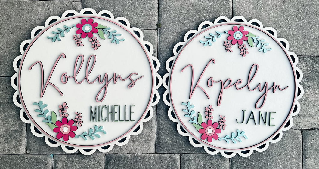 Scalloped floral round nursery sign