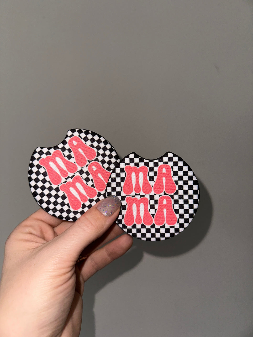 checkered mama car coasters