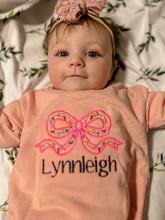 Load image into Gallery viewer, christmas embroidered bow name bubble romper