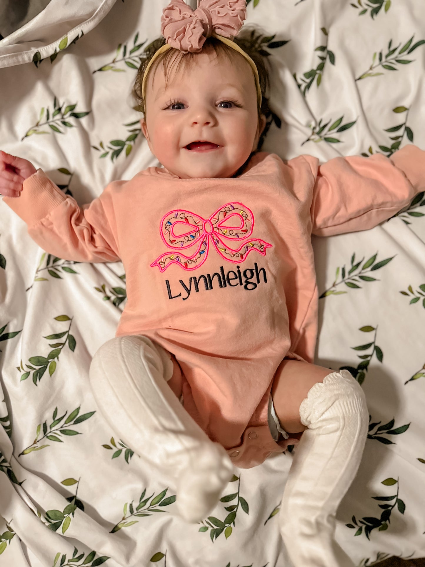 christmas embroidered bow name bubble romper