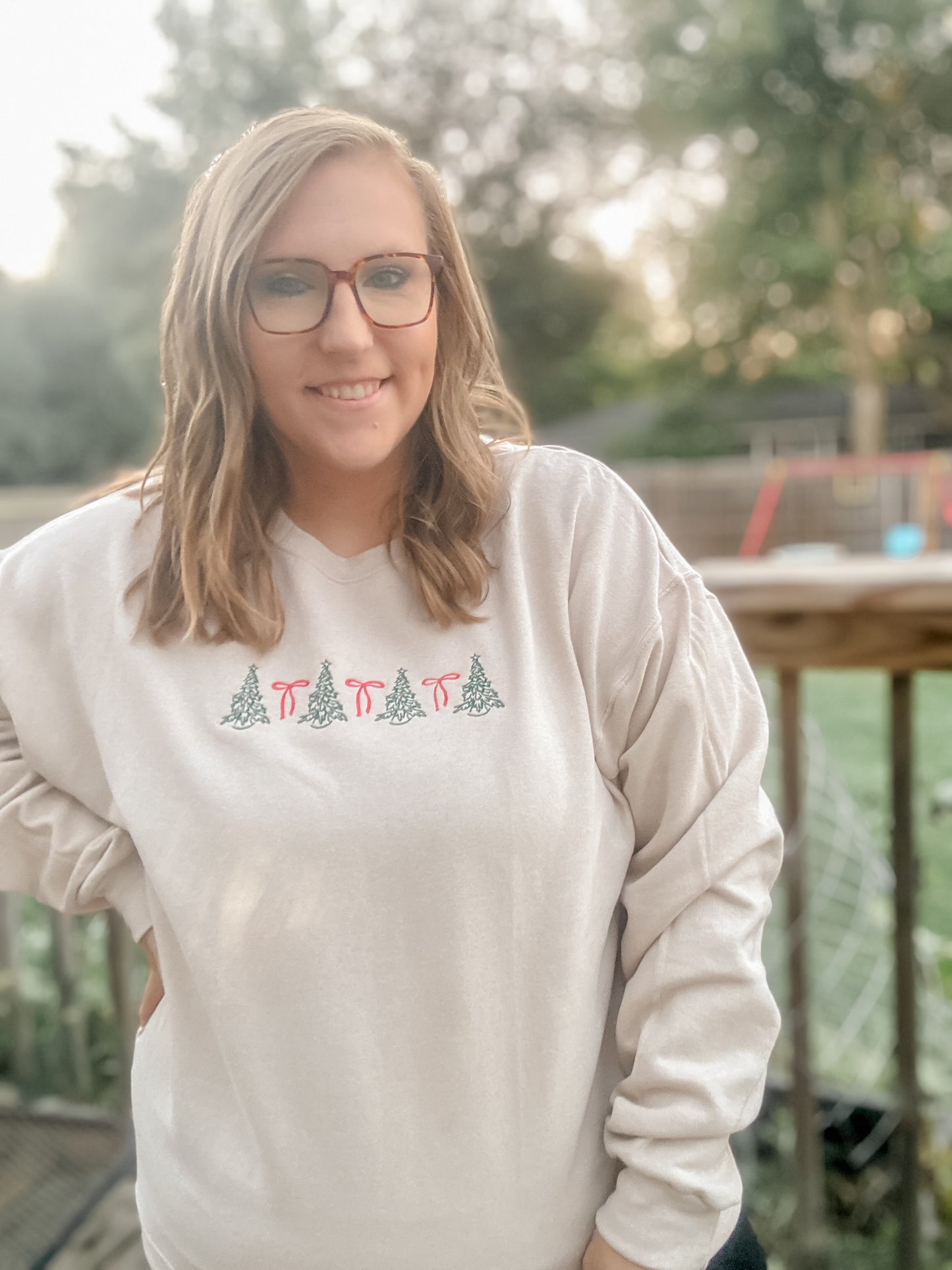 christmas trees + bows embroidered sweatshirt
