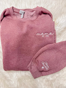 Mama est with name sleeve embroidered sweatshirt