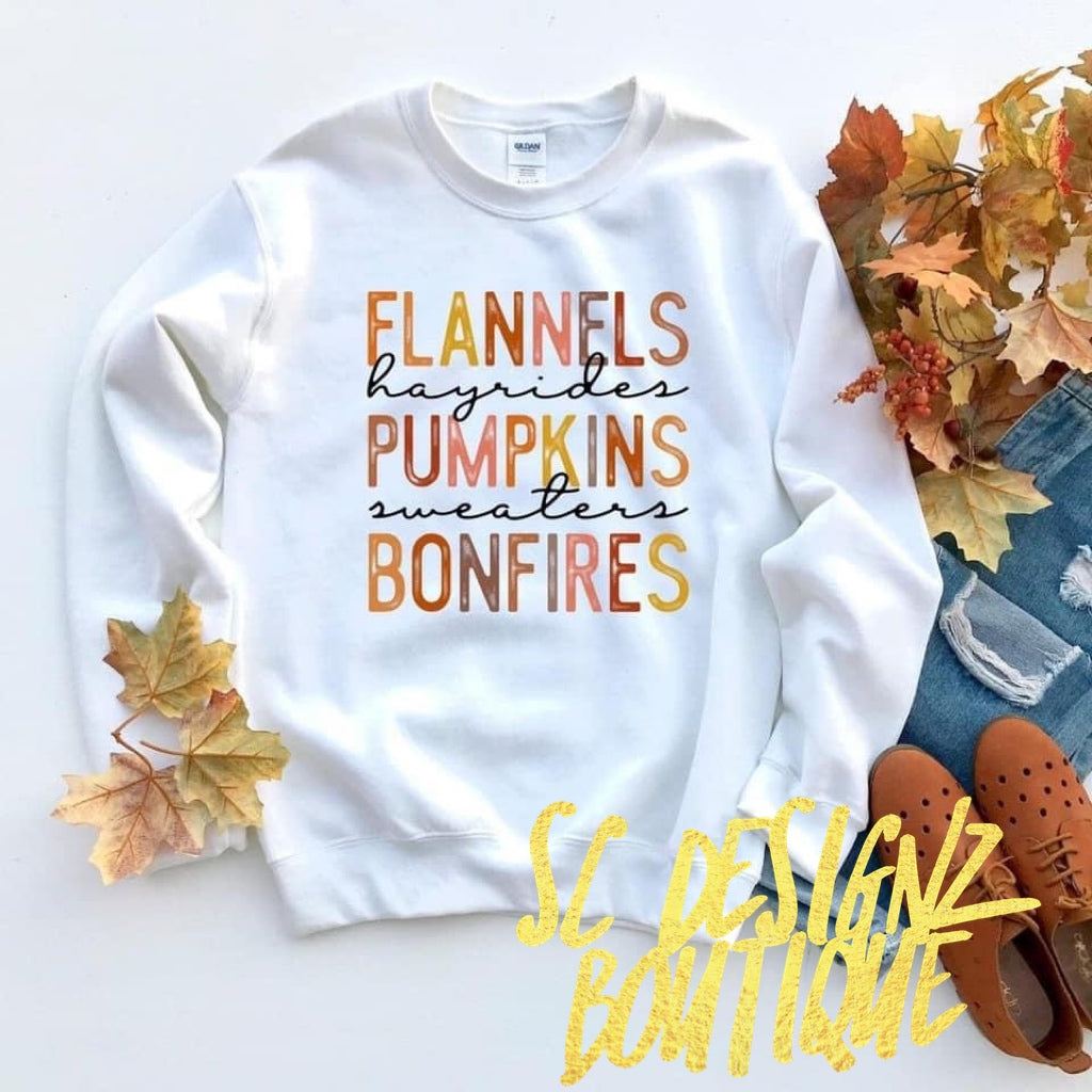 Flannels hayrides pumpkins sweaters bonfires sweatshirt